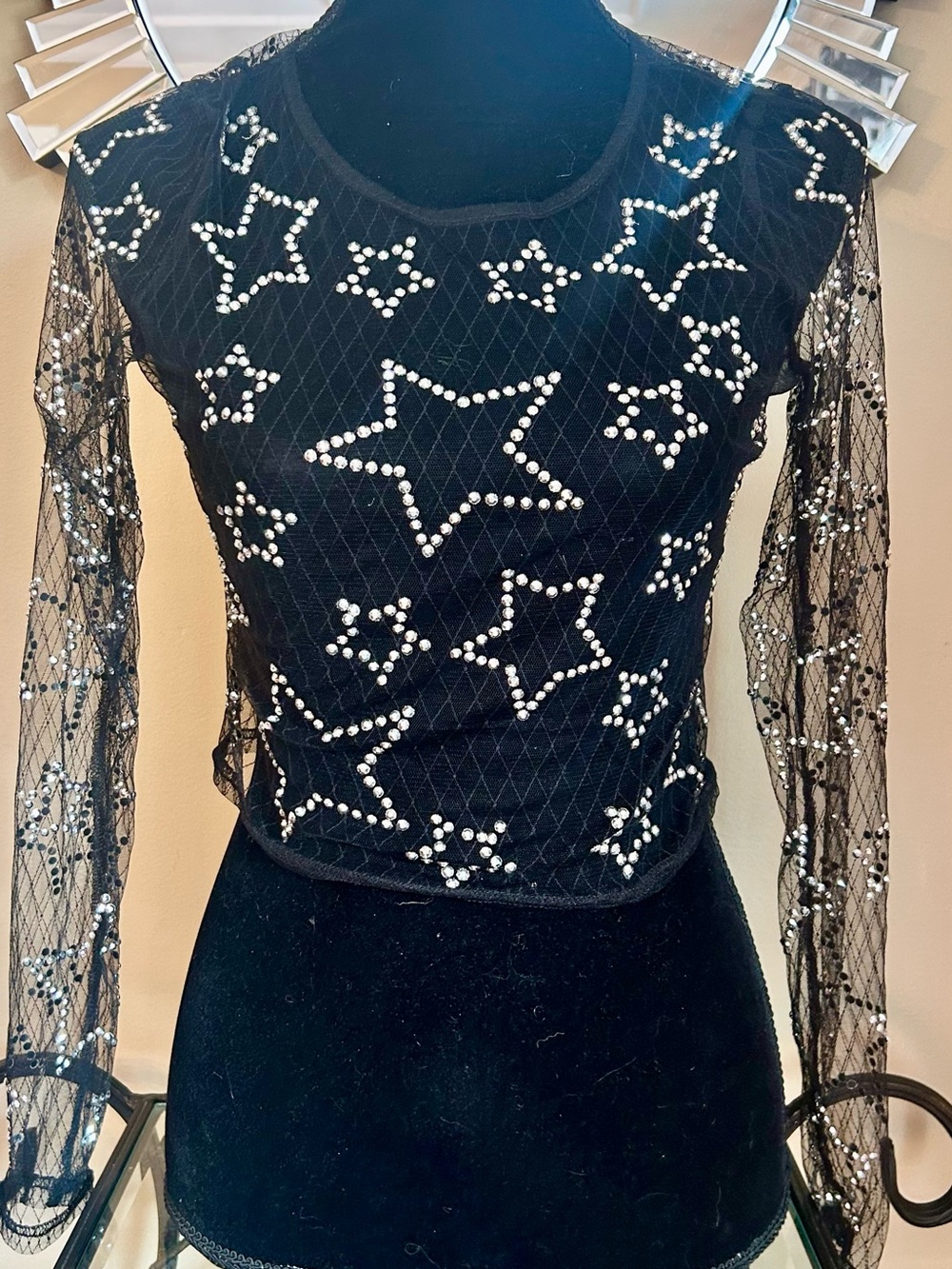 Top Chic Black Sheer Mesh Sequin Star Crop Top